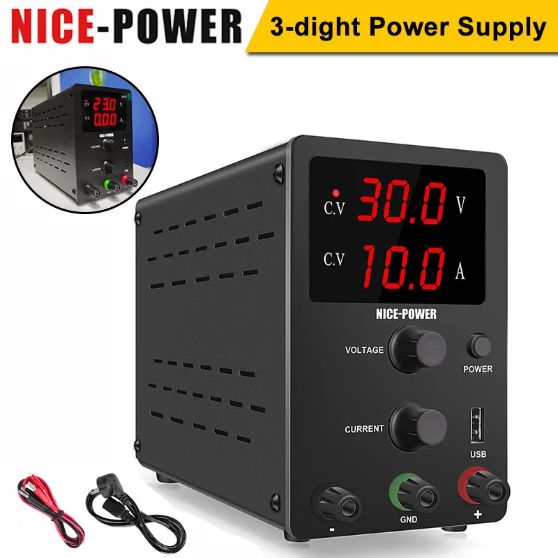 Nice-Power Lab DC DC Nastaviteľný napájací zdroj 3-digitálny LED displej Variabilné napätie stabilizované 30V 10A Spínací zdroj 5V 2A USB