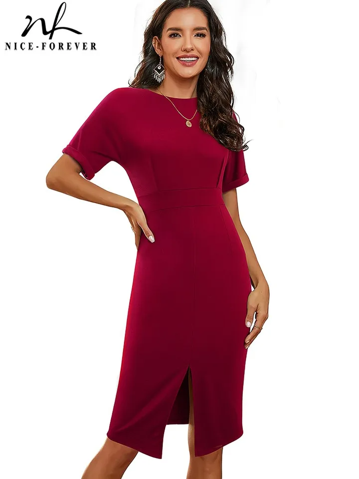 Nice-pred letné ženy elegantné pevné farby s rozdelenými pracovnými šatami Formálne obchodné elegantné vintage šaty Bodycon Dress B641