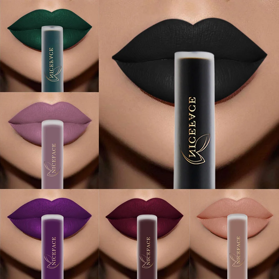 Niceface matné tekuté rúžy vodotesné zamatové zamatové sexy červené pery lesk Purpurová čierna čierna dlhá nelepiteľná šálka