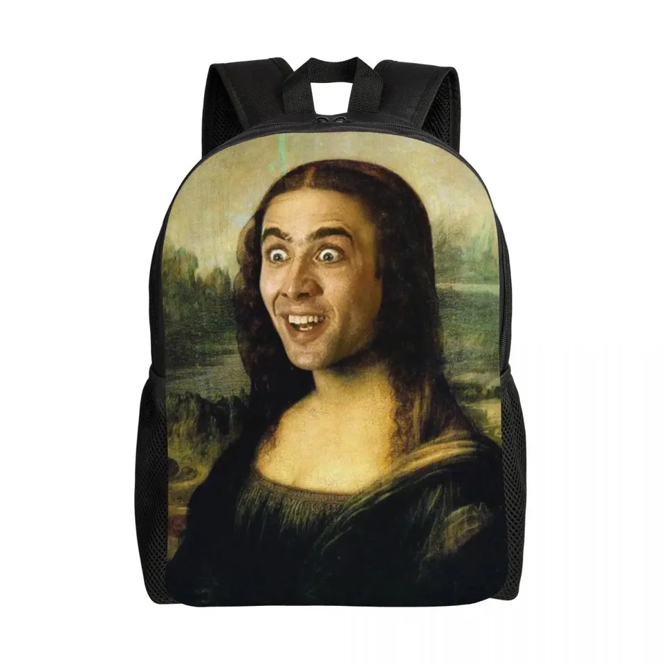 Nicolas Cage Mona Lisa Funny Meme Travel Batoh Men Dámsky školský počítač Bookbag College College Student Daypack Bags