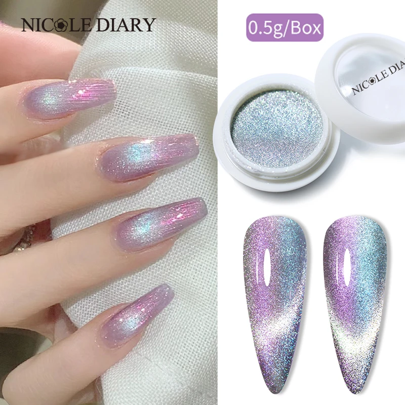 Nicole Diary Aurora Laser Cat Magnetický nechtový prášok Modrá Purpurová trblietavý perlový pigment pre UV Gélové poľské chrómové prachové zásoby