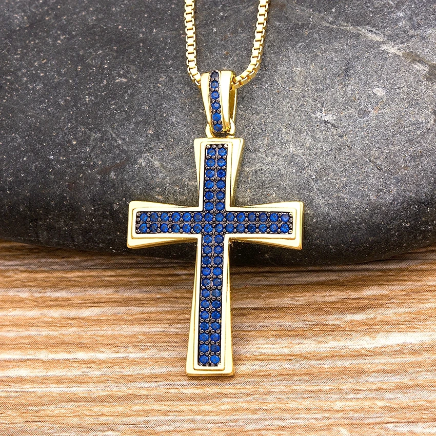 Nidin nový dizajn kríž modrý krištáľový prívesok retiazka náhrdelník Copper Cubic zirkon Choker 4 farby výber náboženstie