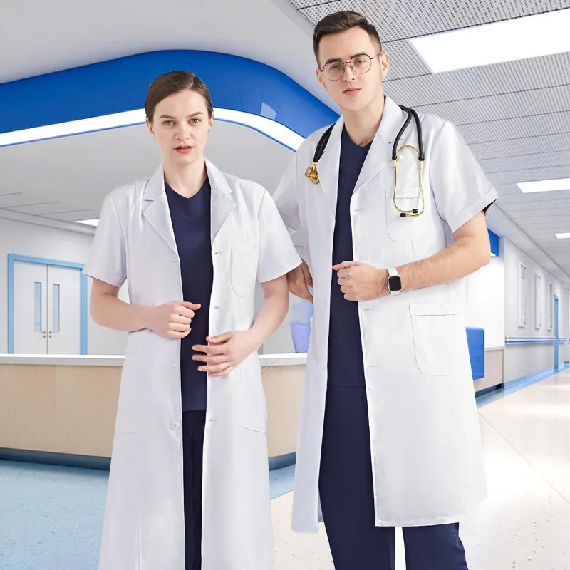 Nightingale Biele šaty s krátkym rukávom Summer Pánske a ženské lekárske lekárske celkové chemické tenké laboratórne kabáty Metrys