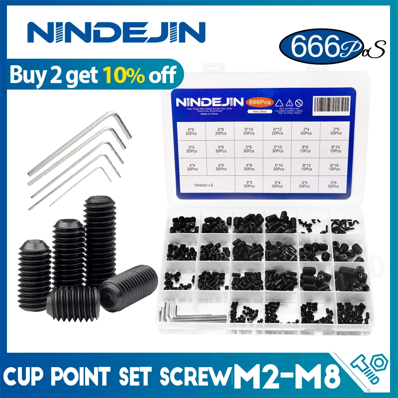 Nindejin 666pcs Set skrutkovacia šálka grub skrutkovacia skrutka sort M2 M4 M4 M6 M8 Hex Socket Scith Scit bez skrutky 12.9 uhlíková oceľ