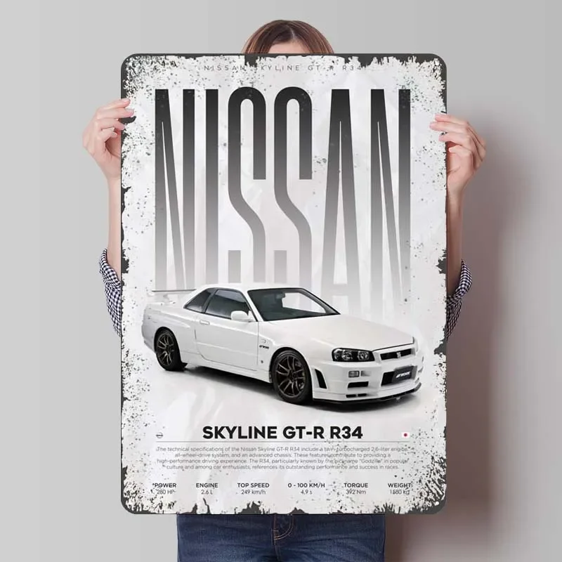 Nissan Skyline GTR R34 Kovové znaky autá Decorácie plagátu pre domácu výzdobu
