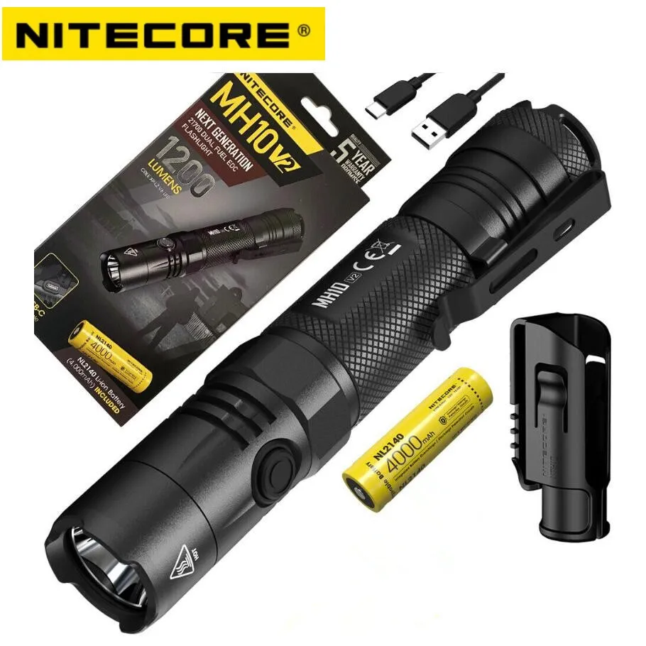 NITECORE MH10 V2 USB-C Nabíjateľná taktická baterka 1200 LUMENS EDC XP-L2 V6 LED LED LED LIMPLE LAMP LANTERSKÁ ULTRA LIGHT
