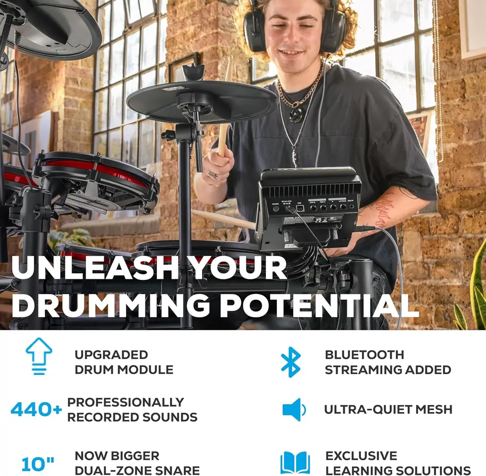 Nitro Max Kit Elektrický bubon set s tichou sieťou s dĺžkou 10 palcov Snare, Bluetooth, 440+ autentických zvukov