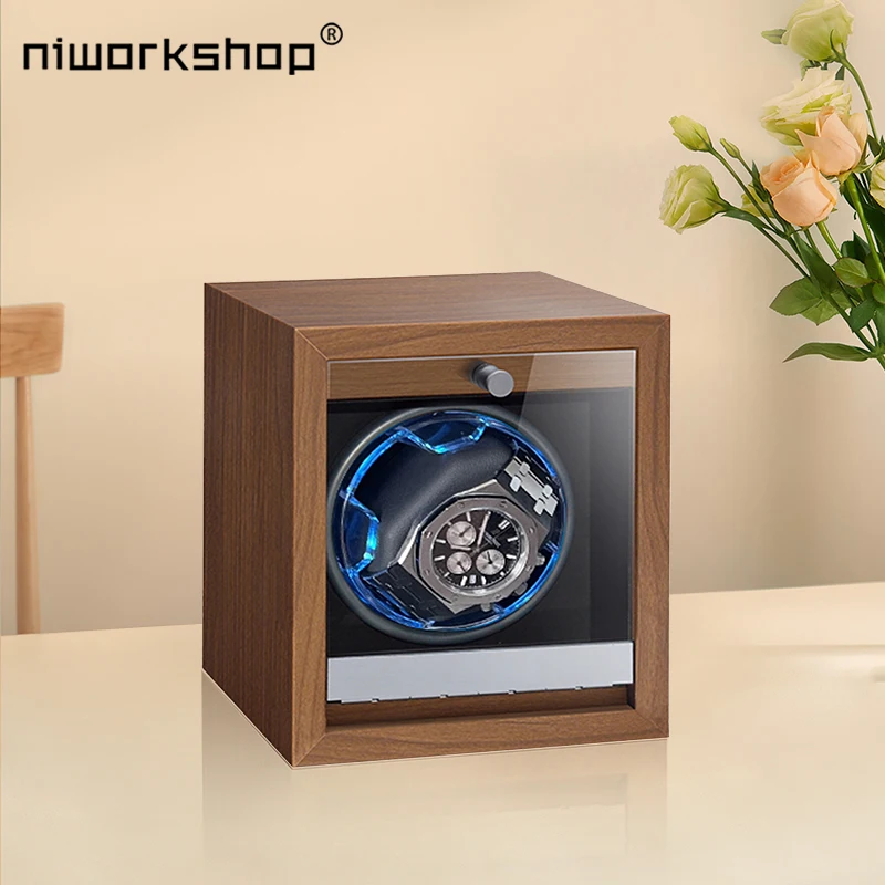 NiWorkshop Watch Winder pre automatické hodinky, 1 slot luxusné drevené hodinky s tichou motorou a LED atmosférou žiarovkou