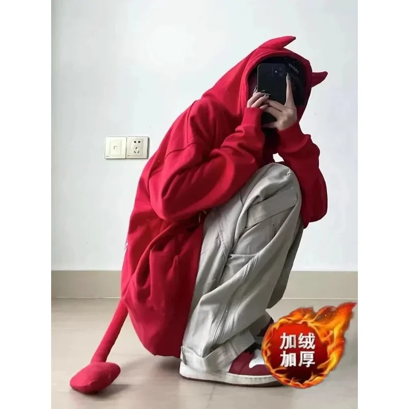 Ničemix žien mikrádne karikatúra Devil Cowhorn American Retro Pullover 2023 Nový pár módny punk kabát japonský hip hop streetwear