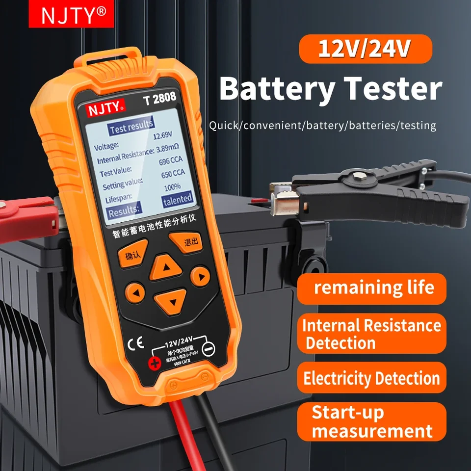 NJTY T2808 Tester batérie 12V 24V 696 CCA batéria Systém interného odporu skúšobný automobil tester batérie