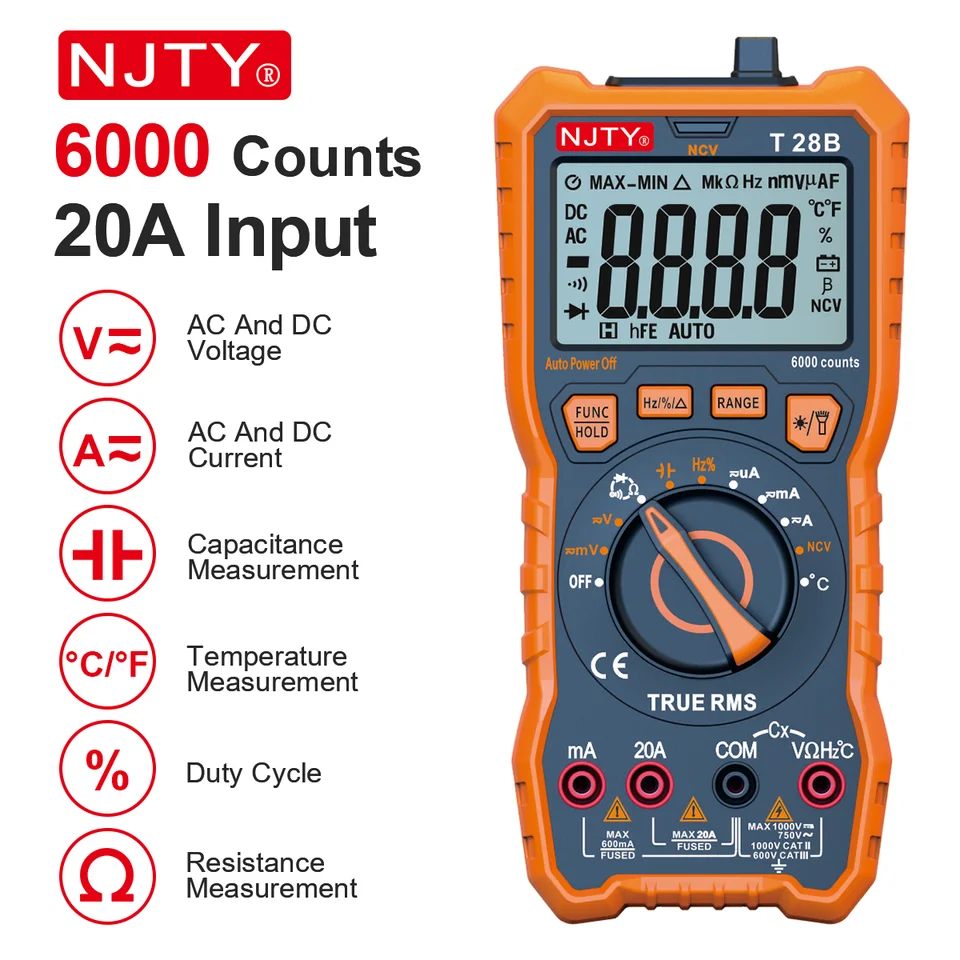 NJTY T28B Digitálny multimeter 20A TRMS 6000 Počíta napätie AMP rezistencie Diódy kontinuity Continuity Duta cyklu teplota kapacita