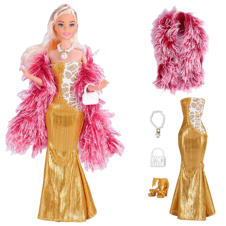 NK 1 ks Doll Clothes Princess Dolls Vianočné šaty: Červený šál + šaty z morskej panny + náhrdelník + taška + podpätky pre Barbie oblečenie