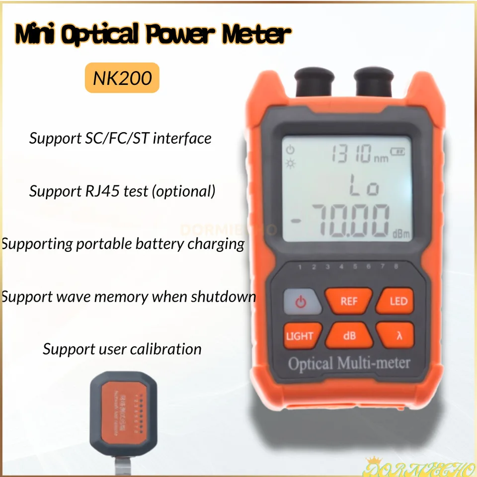 NK200 MINI OPTICKÝ POKRAČNÝ METER -70+6 DBM Podpora RJ45 TEST (voliteľné) Optický tester s suchou batériou Optický kábel Podporné osvetlenie