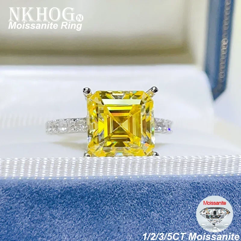Nkhog Asscher Cut Moissanite Rings S925 Strieborné štvorcové žlté diamantové ženy luxusné svadobné kapely šperky darčeky GRA Certifikát