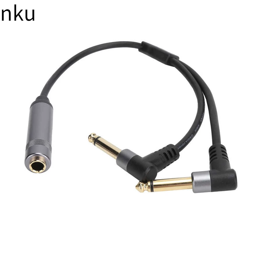 NKU 6,35 mm Žena 1/4 '' Jack TRS Stereo až Dual 1/4 palca samca TS Mono 90 -stupňový uhol y Splitter Vložka vložky Audio kábel Audio kábel