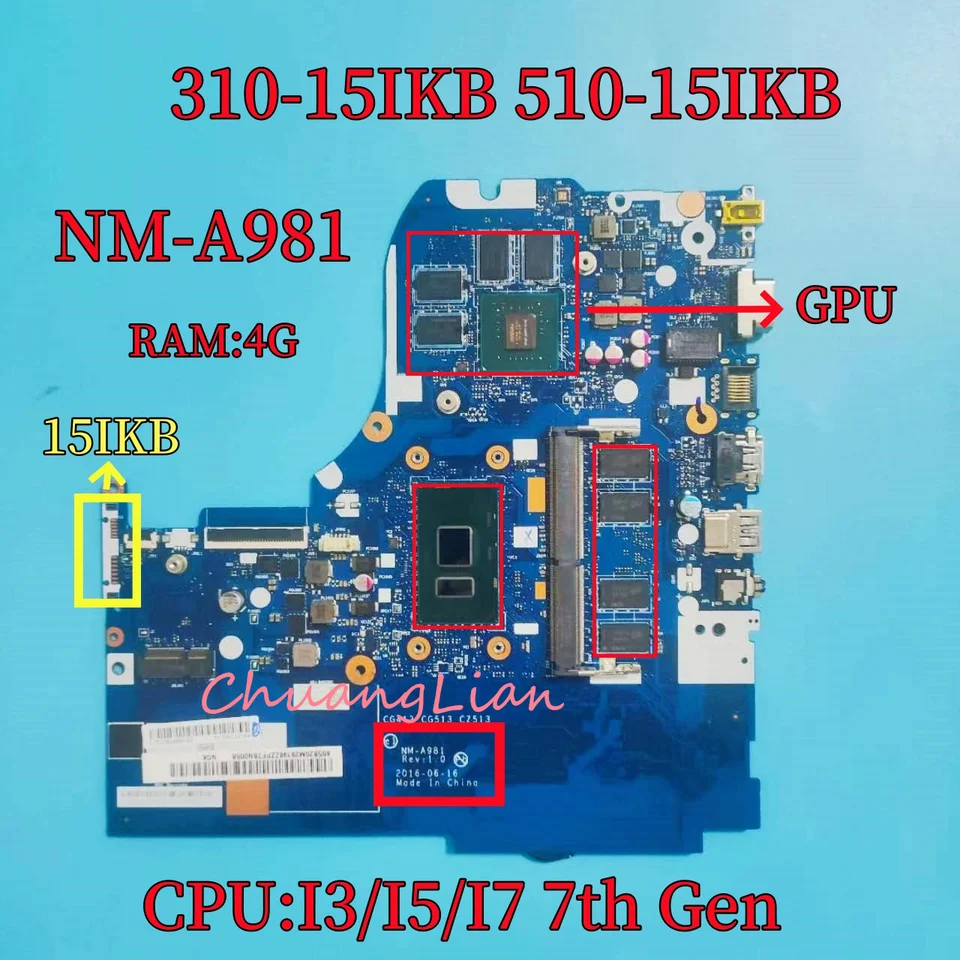 NM-A981 NM-A751 HEACBOARD pre LAPTOP Lenovo 310-15IKB 510-15KB základnej dosky s I3/i5/i7 7. gen GPU RAM 4G DDR4 100% skúšobná práca