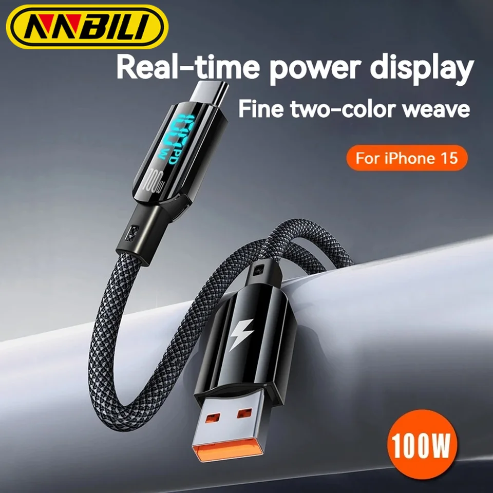 NnBili 100W USB kábel typu C Rýchle nabíjanie Digitálny displej Dátový kábel Kábel Vysoko napájací nabíjanie PD pre iPhone 15 Samsung Huawei Xiaomi
