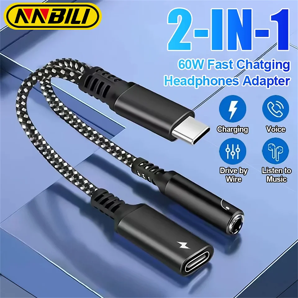 NnBili 2in1 USBC až 3,5 mm slúchadlá typu Cyping Claging Audio Aux Adapter pre iPhone 15 iPad Pro Samsung S24 Xiaomi Huawei