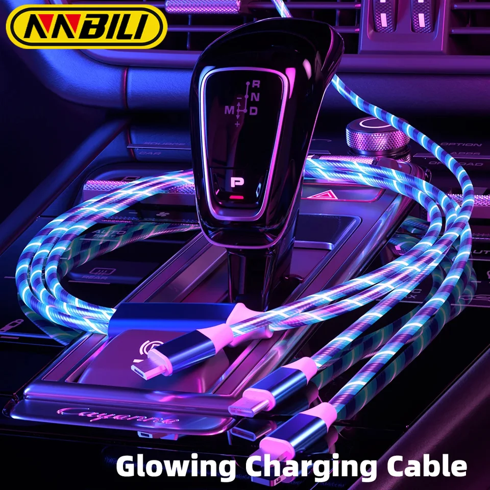 NnBili 4 farby 3in1 Rýchle nabíjanie Luminous USB Dátový kábel pre iPhone Android Phone Typ C Xiaomi Huawei Samsung nabíjačku nabíjačky