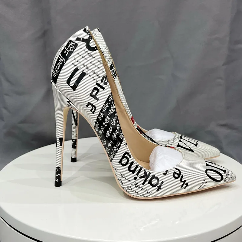 Noenname_null-newspaper tlačené ženské patentované špičky vysokej podpätku topánky dizajnér módne dámy skĺznuté na pumpy Stiletto 8cm 10 cm 12 cm