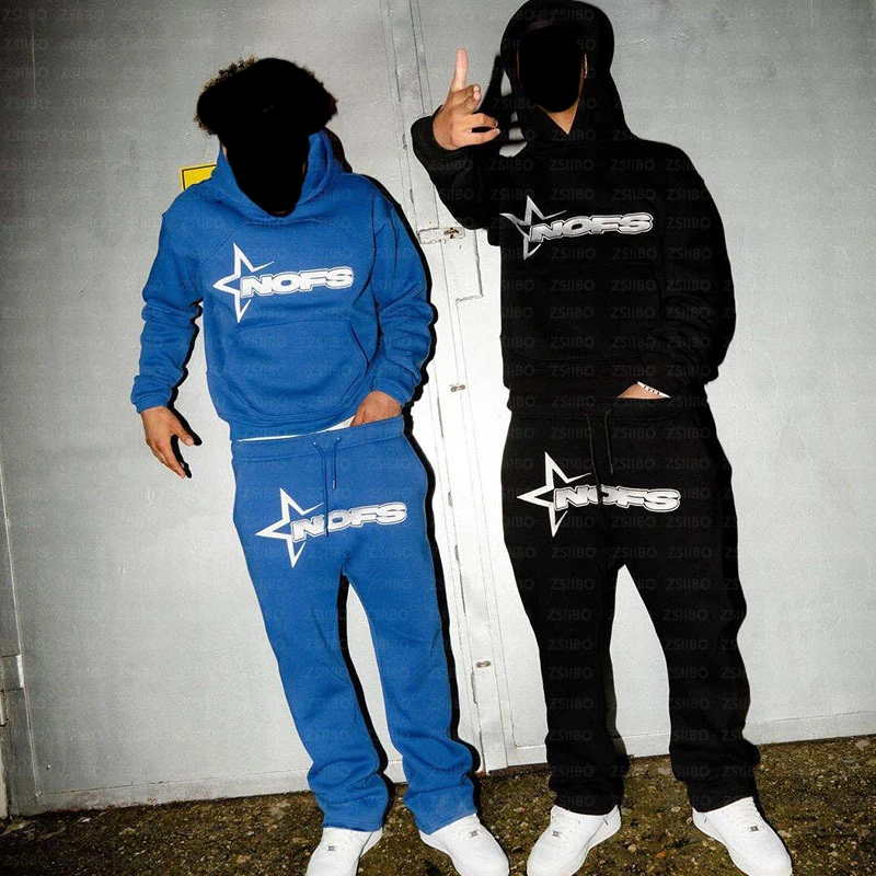 NOFS Letter výšivka módna značka voľná nadmerná kapucňa Y2K Hip-Hop Streetwear Women Women Pullovers Casy Top Pants Sportswear