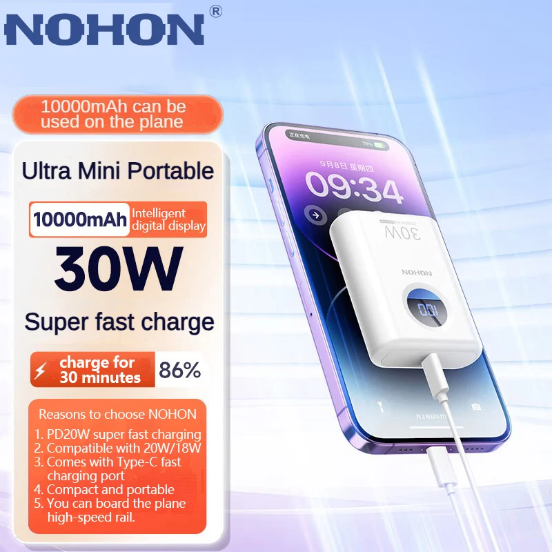 Nohon Power Bank 30W Super rýchle nabíjanie 10000 mah Powerbank Mini pre iPhone 15 14 Xiaomi 13 Samsung PD Externá batériová nabíjačka