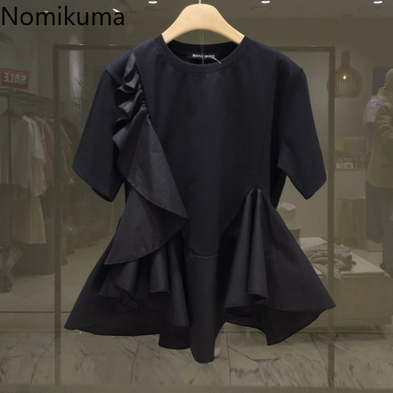 NOMIKUMA Kórejské kauzálne ženy Sladké tričko Ruffy Patchwork krátky rukáv O-Neck Tops tops femme Solid Tirt 2023 leto nové 6A642