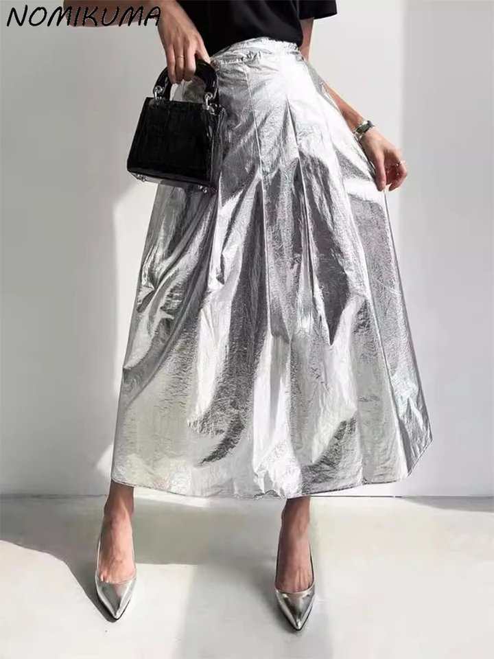 NOMIKUMA Kórejský elegantný jarný retro striebro lesklý sukňový sukňový sukň