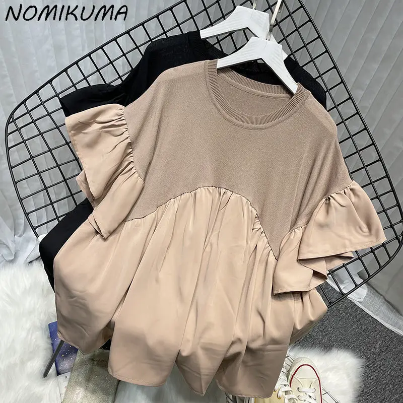 Nomikuma šifónová patchwork pletená topánky Blusas femme 2023 letný tenký blúzka blúzky Causal O-Neck Pullover Doll košeľa