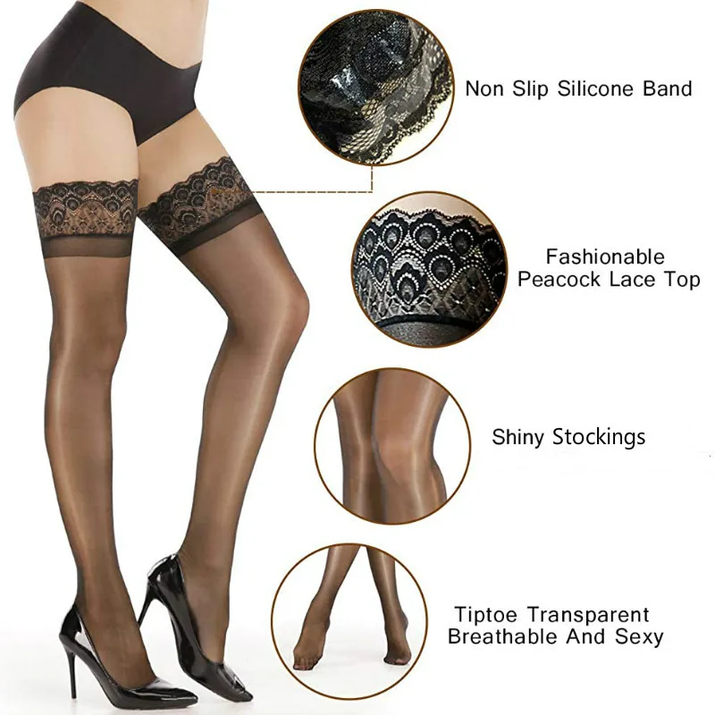 Non -Slip Silikone Stocking Dámsky módny páv čipk