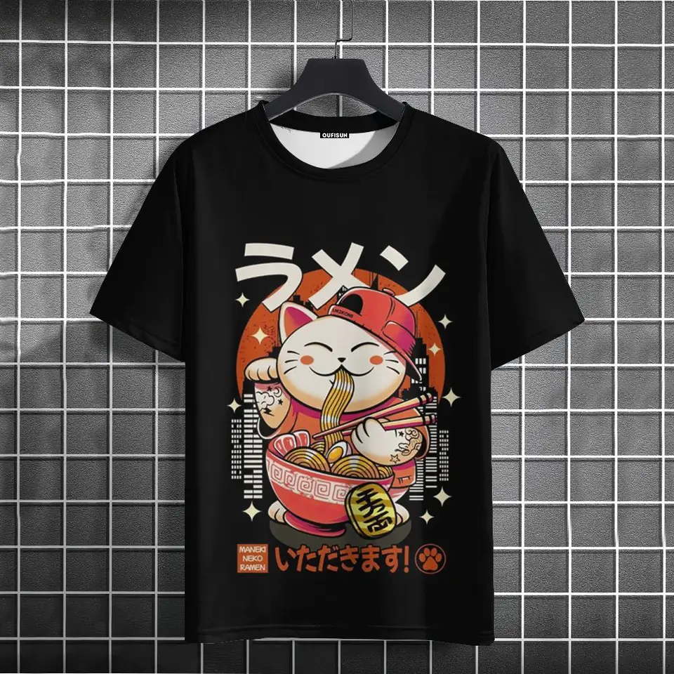 Noodle Cat 3D tlač Tričká pre mužov tričká letné neformálne topánky s krátkym rukávom harajuku voľné nadmerné nadmerné tričko Men oblečenie nové