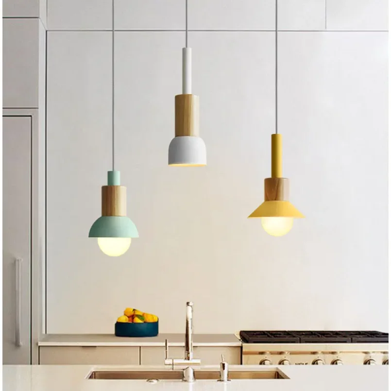 Nordic Drevené prívesky Svetlo pre kuchyňu reštaurácia Závesná lampa Spálňa lôžko Drevené stropné lustre