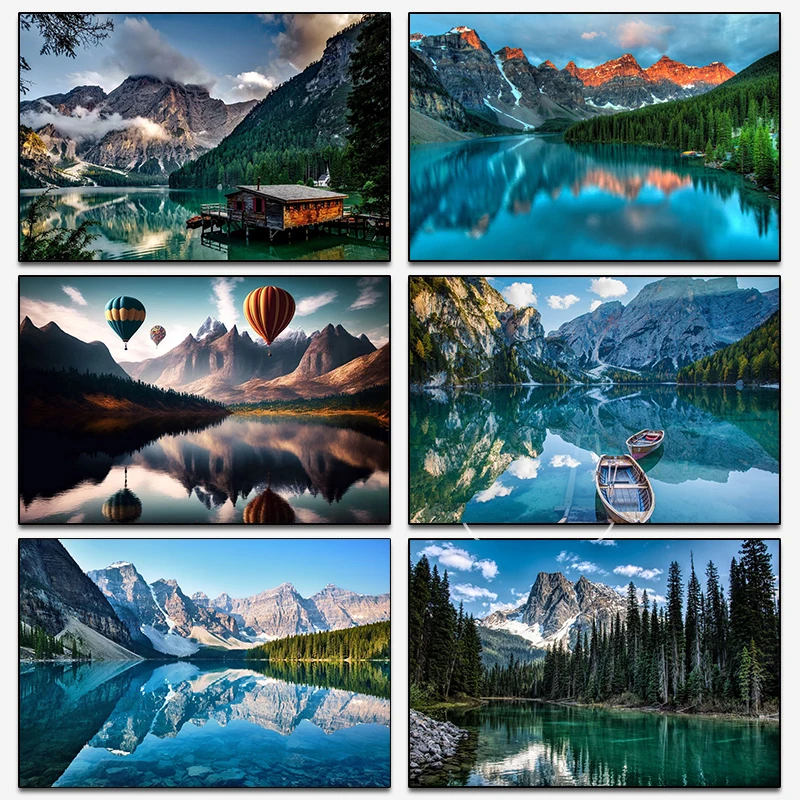 Nordic Natural Landscape Canvas Tlačové plagáty jazerné člny horské lesné vodopád Balóny nástenné umenie maľba dekorácie obrázky