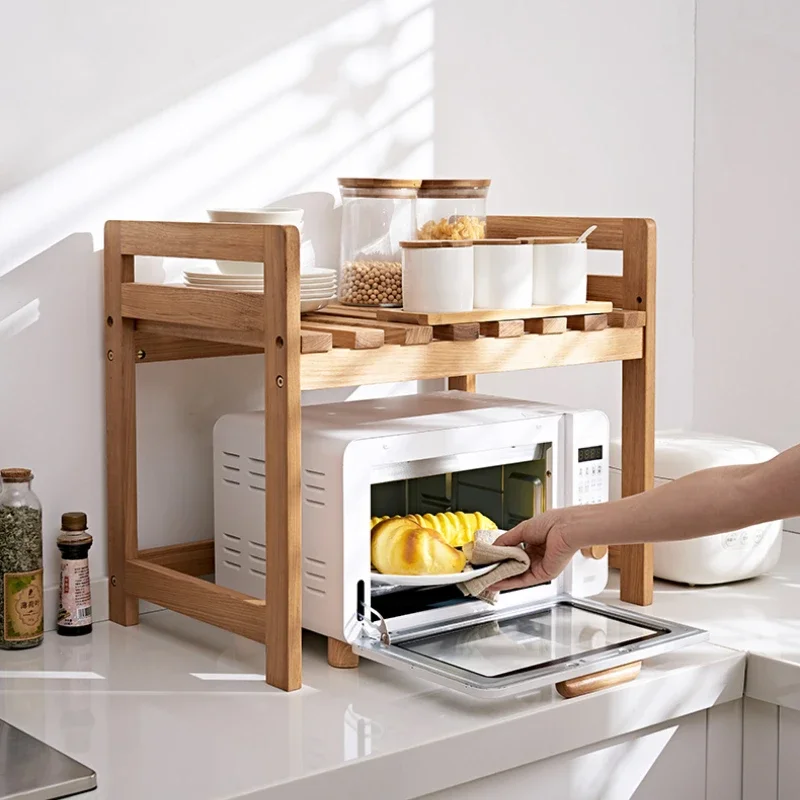 Nordic Natural Wood Storage Rack doska Mikrovlnná rúra organizujte poličku Multifunkcia rúry stojan 2-vrstvy Organizátor korenia