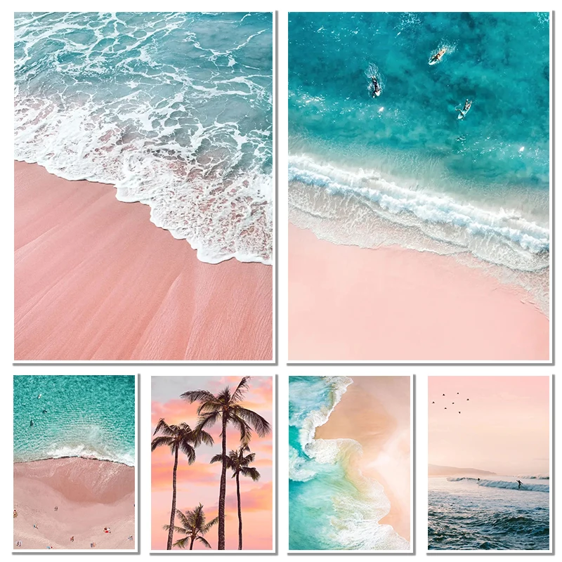Nordic Pink Beach Ocean Canvas Artwork plagát
