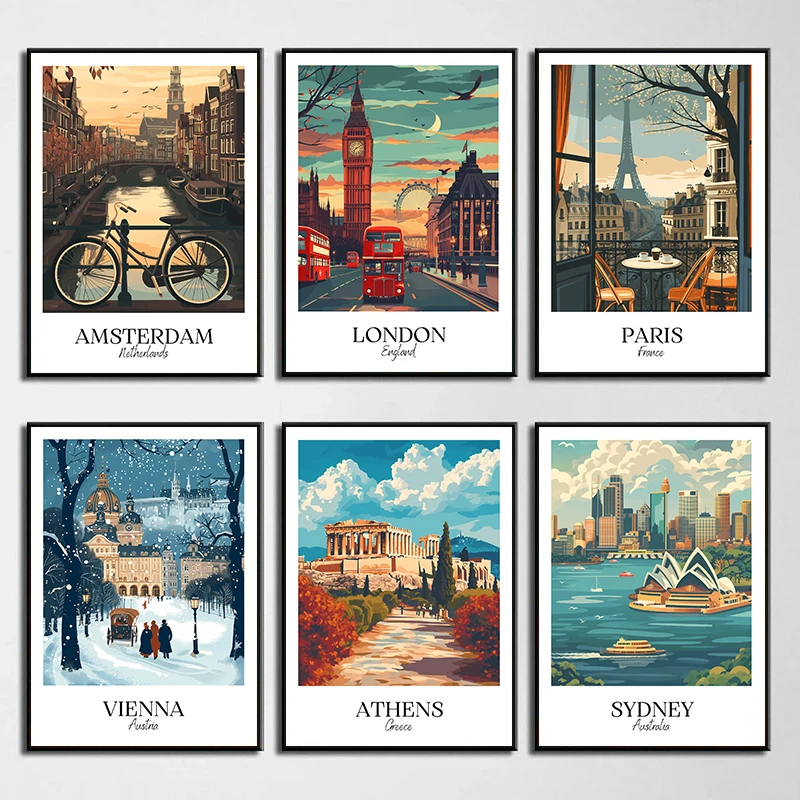 Nordic Retro Holiday Travel City Paris London Tokio Krajina plagát Wall Art Pictures Canvas maľba domov dekor cestovný ruch darček