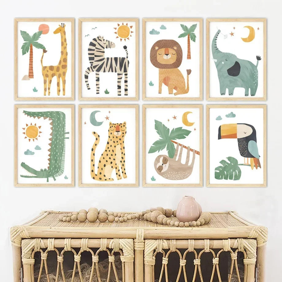 Nordic Style Dungle Animals Canvas Art - Elephant & Lion Wall Plagáty pre detskú izbu a výzdobu škôlky, sada výtlačkov