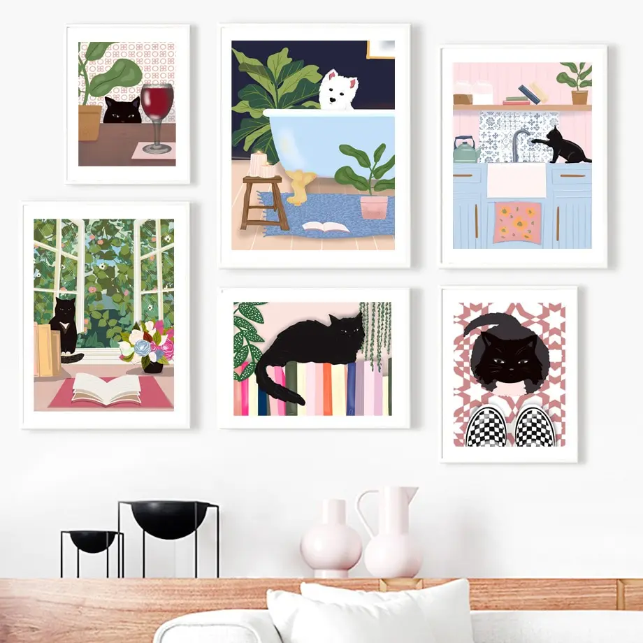 Nordic v štýle živočíšneho plátna Art - Black Cat, Westie, Schnauzer s vínom a rastlinami - Decor Wall Decor for Weapech and Home