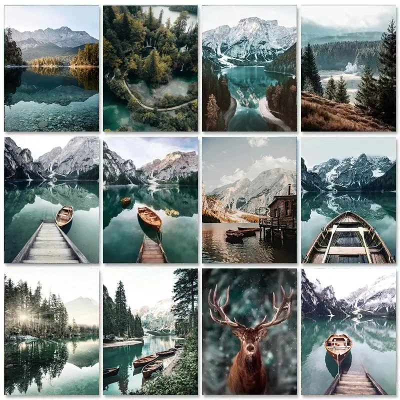Nordická krajina čln Art Art Nature Forest Deer Animal Print Canvas Nástenný plagát a vydanie Lake View Home Decor