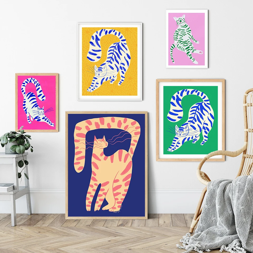 Nordický abstraktný plagát zvierat Red Pink Green Tiger Canvas Painting Funny Wall Art Prints Obrázok detská spál