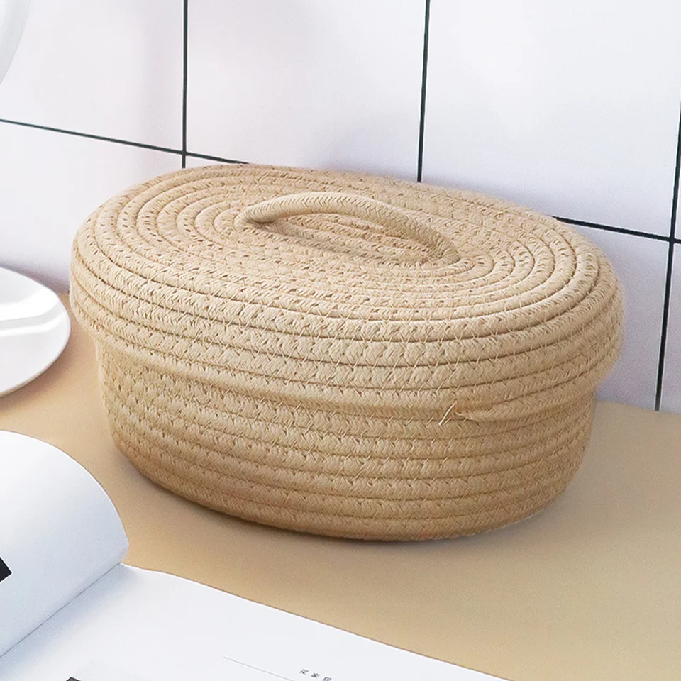 Nordický jednoduchý štýl pokrytý lanový úložný box na stole občerstvenie hračky Kozmetika košík Khaki Color Cotton Organizátor tkaný s vekom