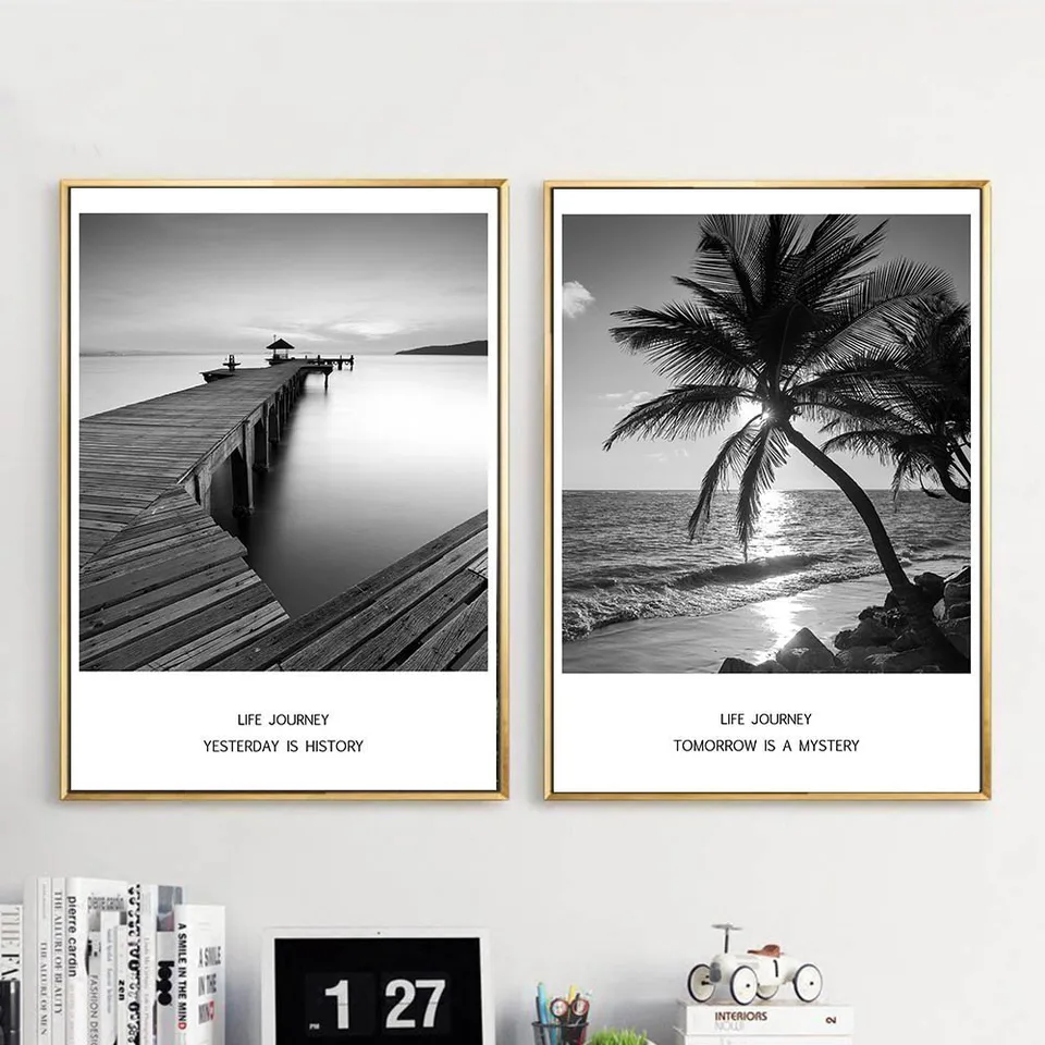 Nordický štýl krajina mosta Canvas plagát Art výtlačky Čierna a biela rastlina Palm Tree Citát nástenný obrázok Moderná domáca dekorácia