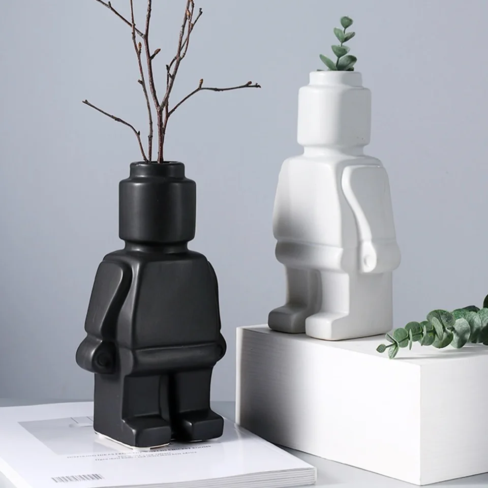 Nordický štýl živici Resin Robot Vasu Indoor Flower Moderný domáci interiér dekorácie bieleho tovaru dekorácie kancelárske stoly dekorácia
