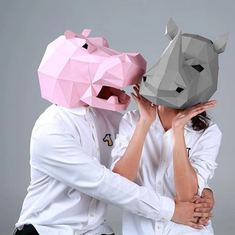 Nositeľná maska ​​Rhino Hippo Animal Cosplay 3D papierový model DIY Papercraft Origami Headgear Head Gear vianočné halloweenske promárske hračky pre deti
