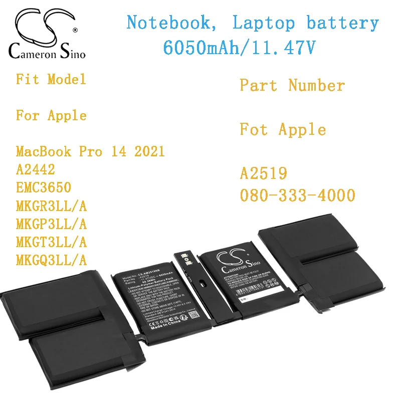 Notebook Cameron Sino 6050MAH, batéria laptop pre Apple MacBook Pro 14 2021 A2442 EMC3650 MKGR3LL/APTQ A2519 080-333-4000
