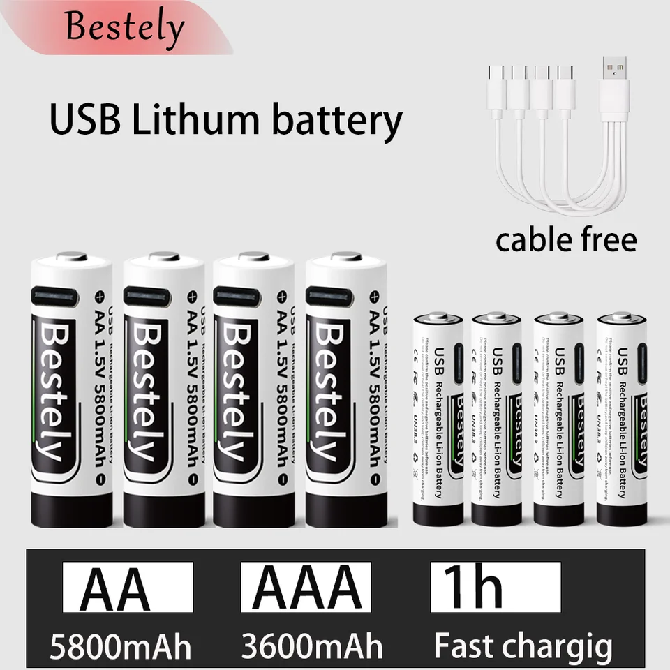 NOVINKA 1,5 V AA 5800MAH+AAA 3600MAH lítium nabíjateľná batéria, USB rýchla nabíjajúca li-iónová batéria, 2000 cykly s káblom USB-C