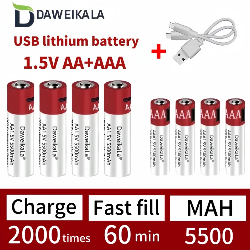 NOVINKA 1,5 V USB Rýchle nabíjanie AA + AAA Nabíjateľná batéria Veľká kapacita 5500 mAh li-iónovej batérie pre hračku LED dióda DISTOR CULL
