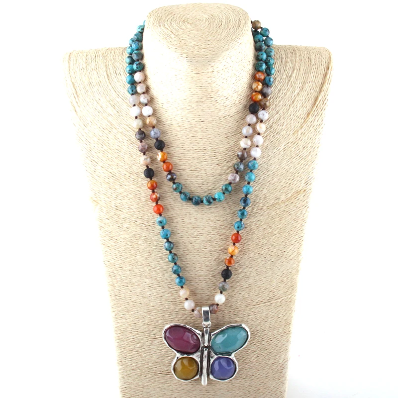 NOVINKA! 108 korálky Mala Multi Stone Contted Butterfly Pmel Prívesok Náhrdelník Ženy Meditácia jogu joga náhrdelník