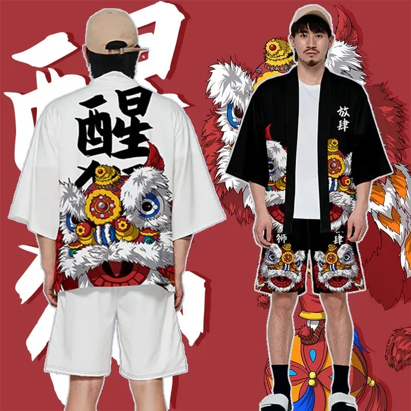 Novinka dvojdielny oblek japonský Cardigan Men Cosplay lev tanečný tlač Yukata kimono šortky sady patchwork ázijský traditiowtree222