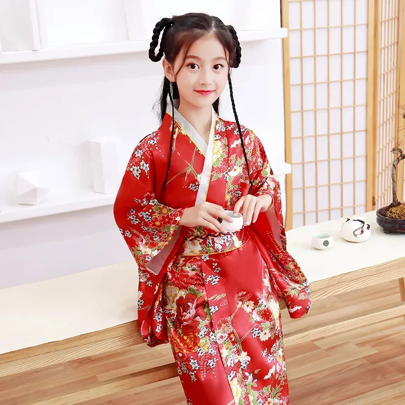 Novinka kvetinová tlač Detská párty šaty japonský štýl dievčatko kimono obi deti vinobranie yukata detské dievča Cospaly kostým l